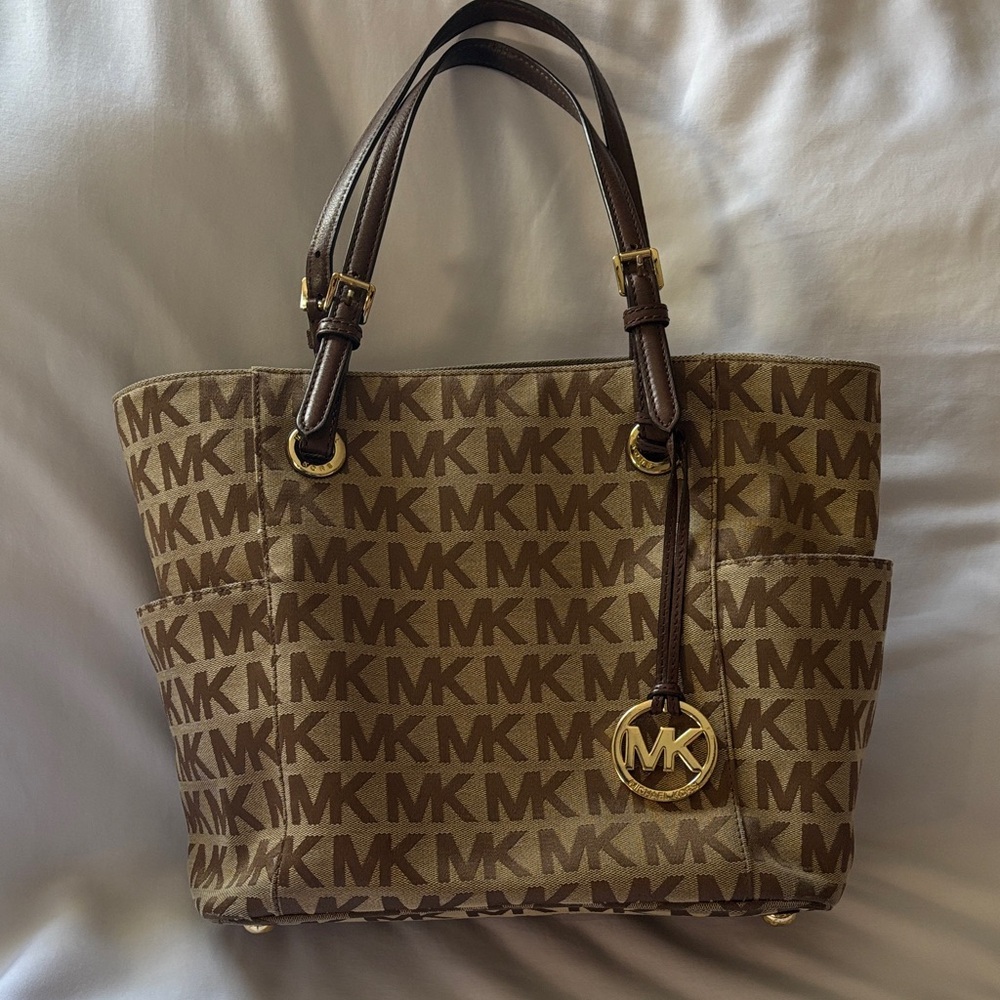 Michael Kors Brown Signature MK Monogram Tote with Gold Charm